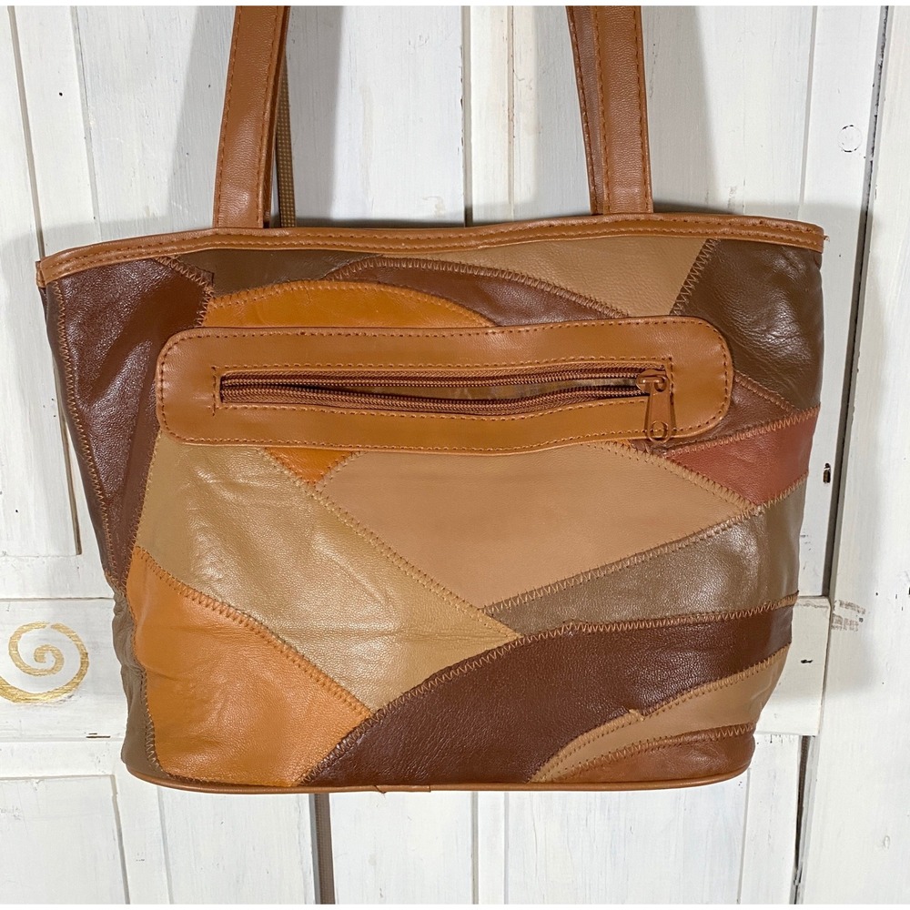 Vintage Patchwork Leather Tote Bag Brown Tan Boho Shoulder Bag Excellent Cond - Picture 2 of 12
